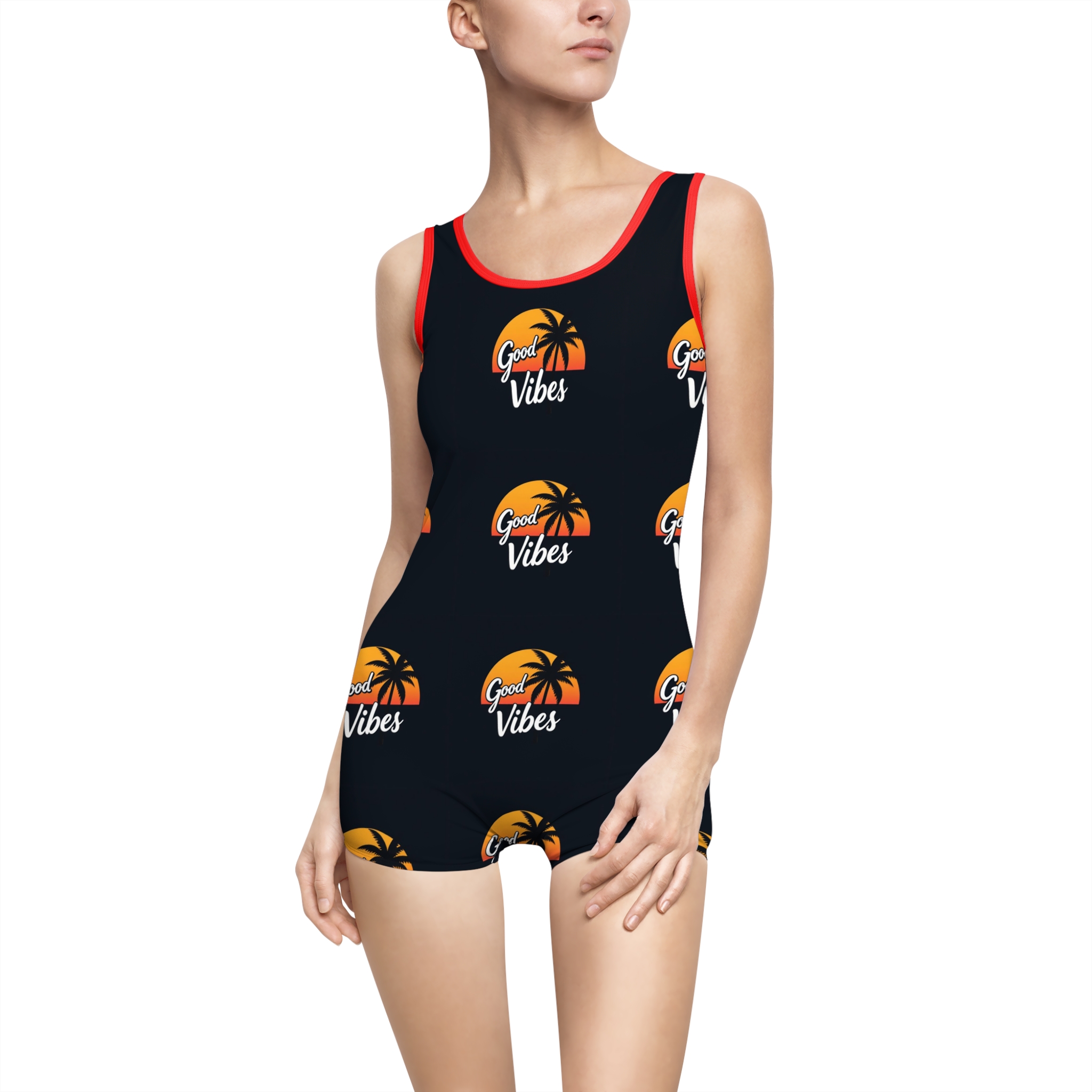Retro Style Women's Swimsuit - 'Good Vibes' Design for Beach Days