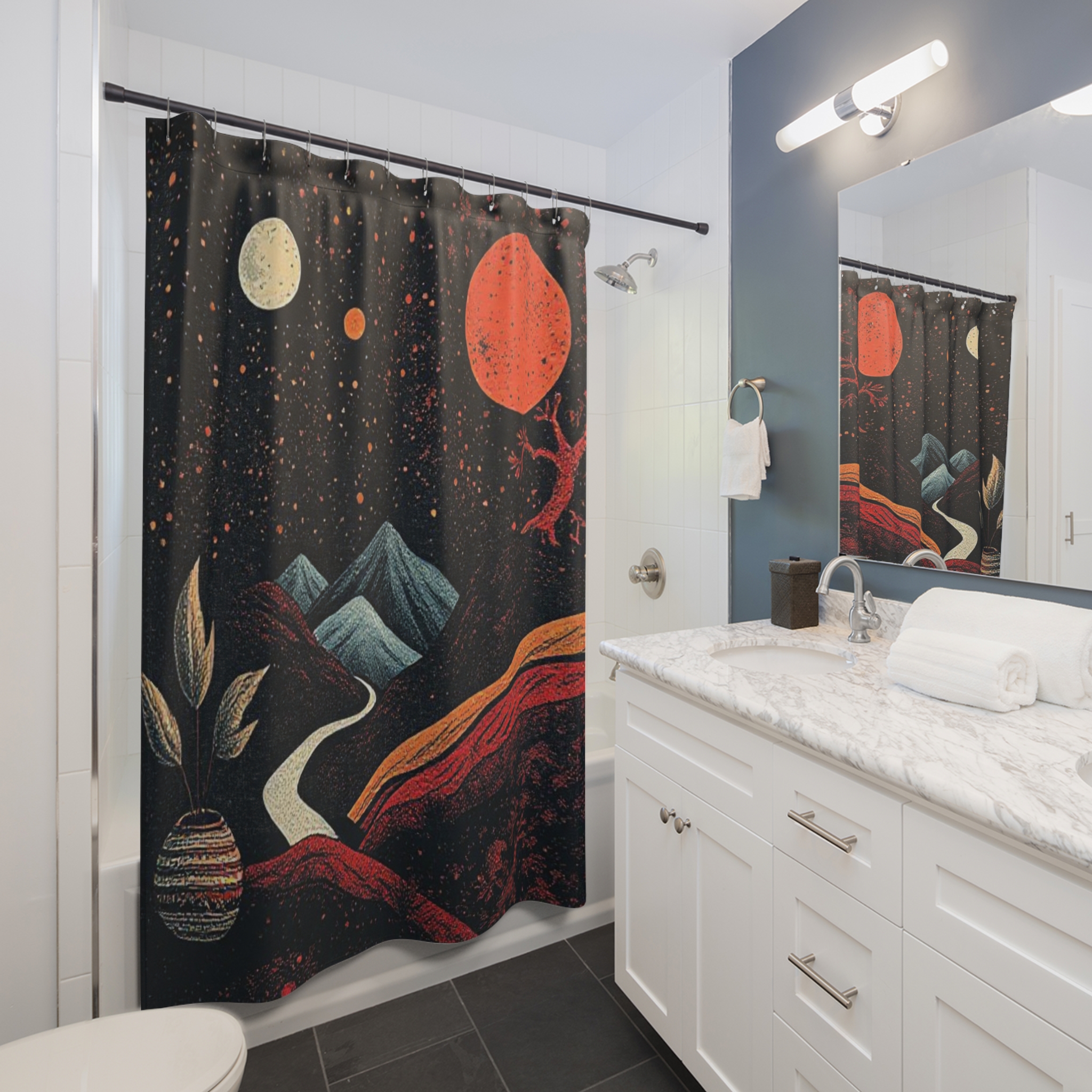 Celestial Landscape Shower Curtain - Cosmic Space Decor for Unique Bathrooms - Image 3