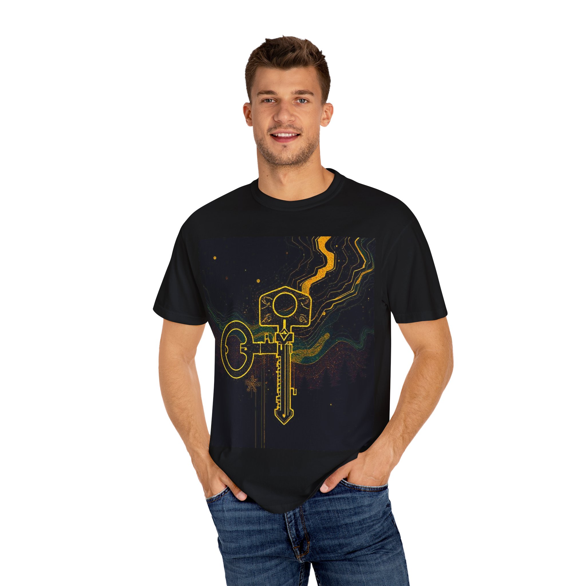 Mystical Key Unisex T-Shirt – Garment Dyed, Cosmic Design - Image 4